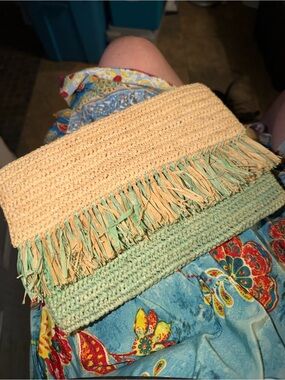 Shebobo 100% Raiffi Mint & Cream Woven Clutch with Fringed Edge & Cream Lining
